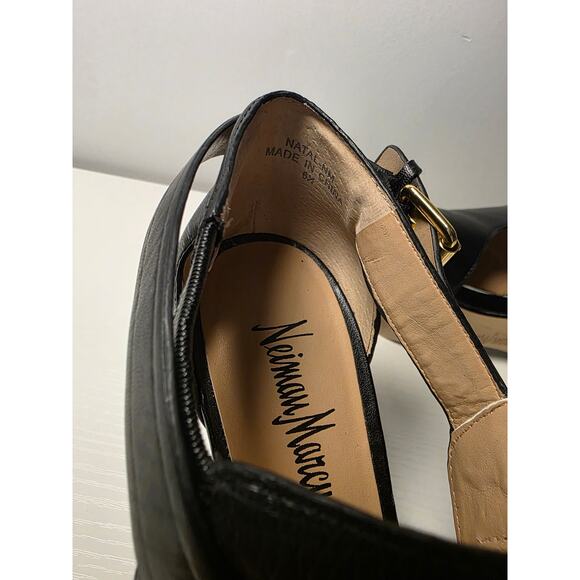 Neiman Marcus Leather Heels 6.5 Black Peep Toe Chic Luxe SlingBack Minimalist - Picture 8 of 8